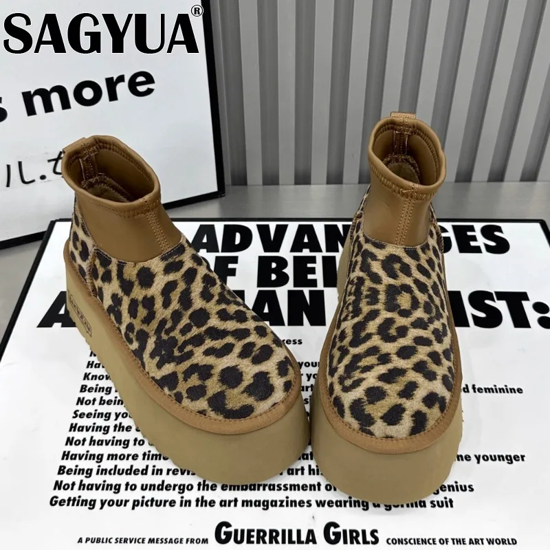 Leopard Women Fur Platform Snow Ankle Boots Winter Suede Warm Shoes Women Brand 2024 Trend Plush Flats Cotton Casual Botas Mujer