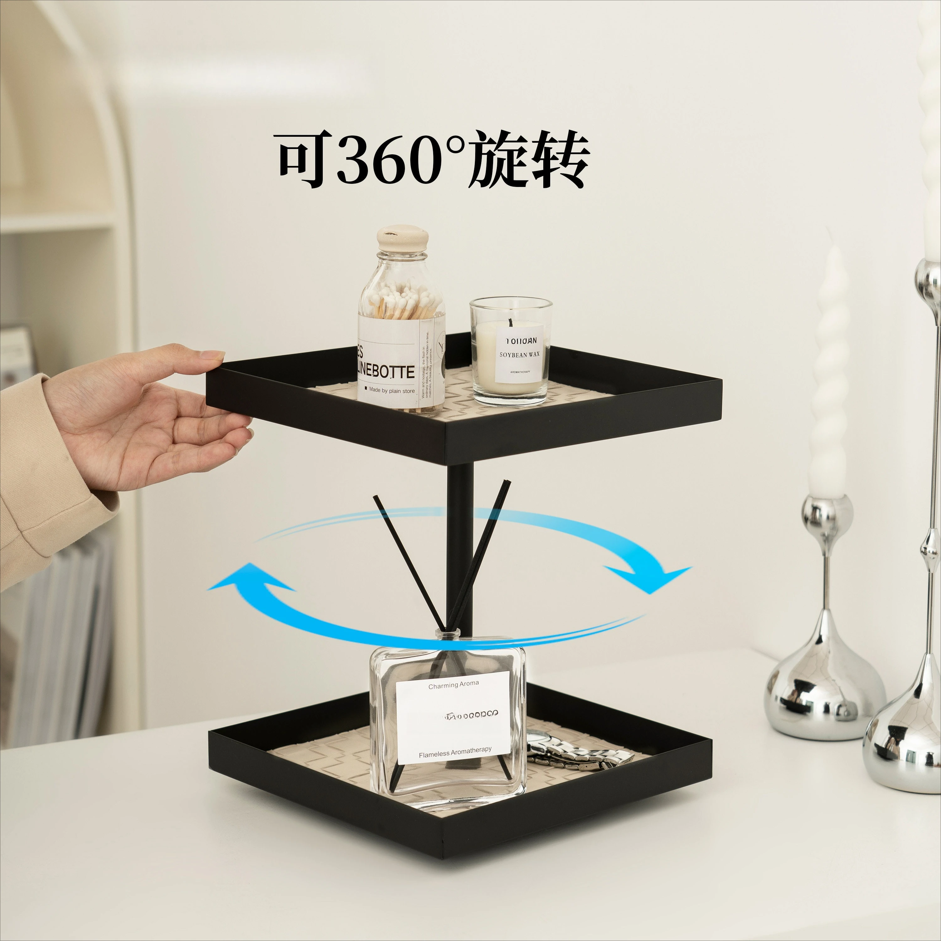 Premium Rotating Double-Layer Cosmetic Tray, Multifunctional Organizer for Perfume, Lipstick, Jewelry & Aromatherapy for Desktop