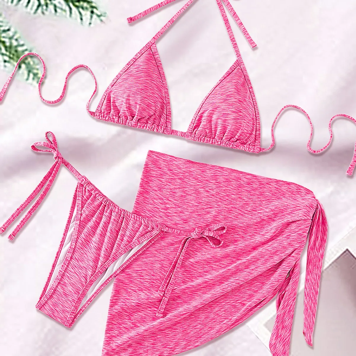 

Pink three-piece swimsuit halter strap bikini skirt women's beachwear 2025 new