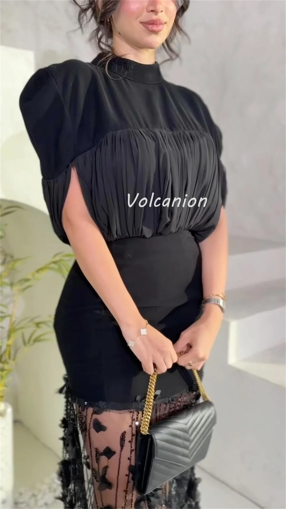 Customized Fashion Intricate Chiffon Draped Flower Rhinestone Beading Straight High Collar Long Dresses Bespoke Occasion Dresses