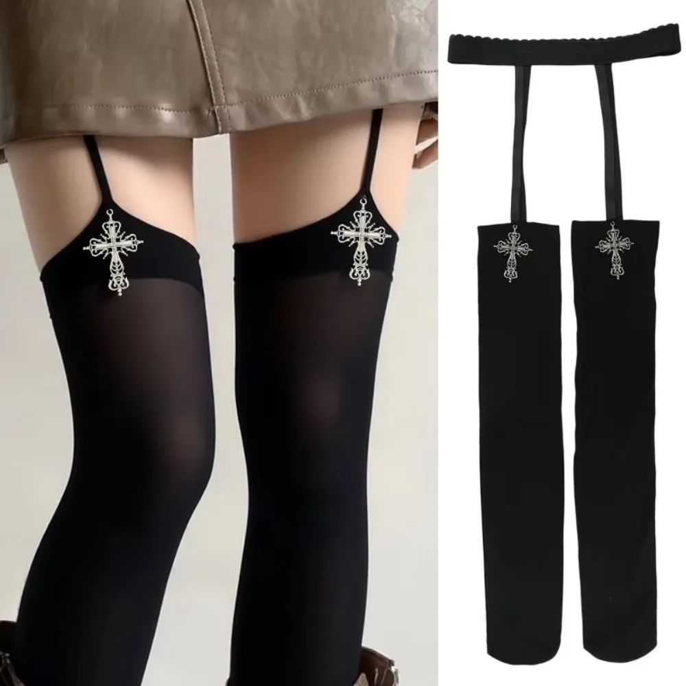 

Personality Thin Gothic Cross Suspender Socks 3D Cross Y2K Thigh High Socks Lolita Over Knee Stockings Anime Cosplay