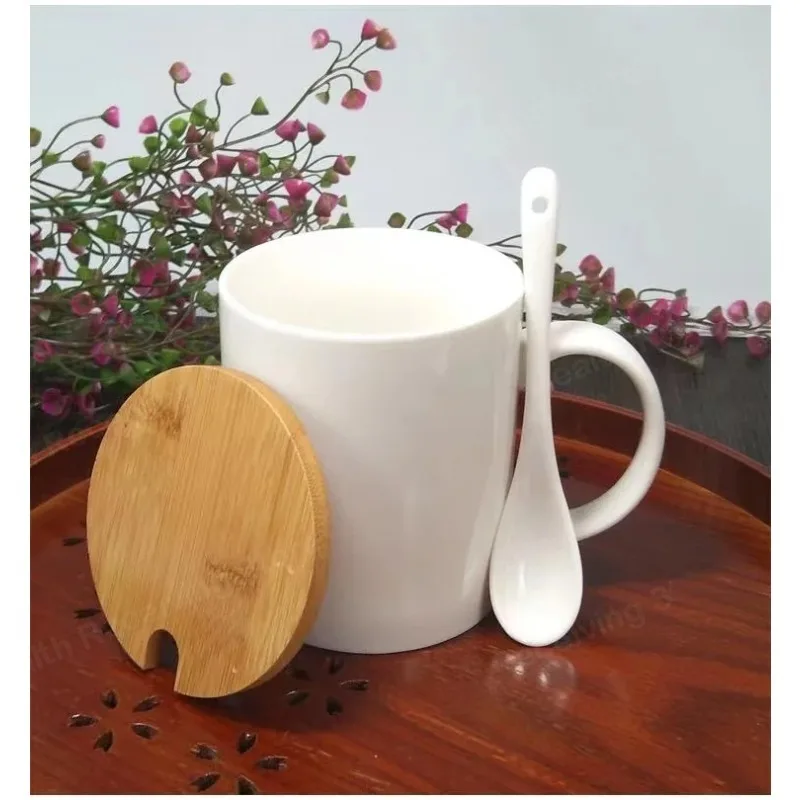 Premium Coffee Tea Milk Sublimation Treatment Ceramic Cup With Bamboo Lid And Spoon