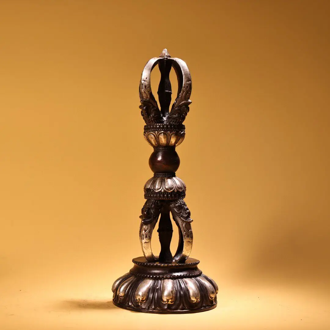 Large Nepal Pure Copper Five Prong Vajra Phurba Dorje with Stand Tibetan Buddhist Ritual Tool Home Altar Decoration