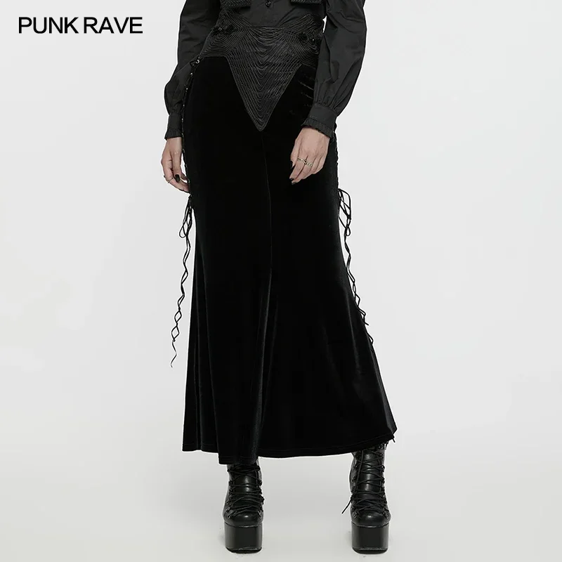 PUNK RAVE Women's Gothic Slim Fit U-shaped Inverted Fishtail Skirt 3D Rose Buckle Dark Gorgeous Long Skirts Women