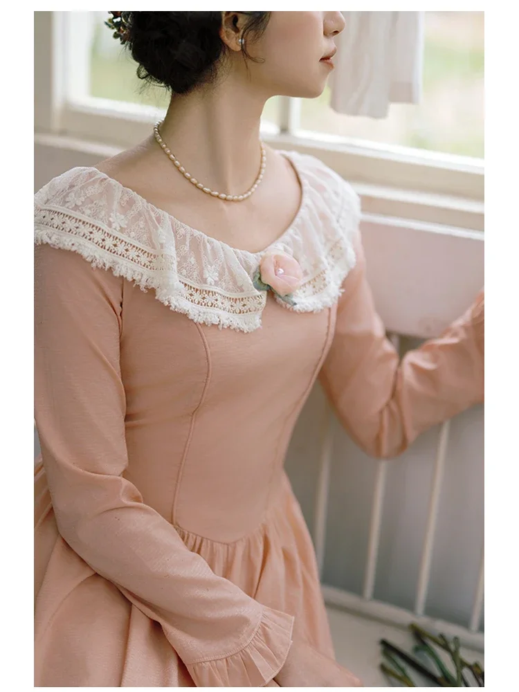 AIGYPTOS Spring Fall Maxi Dresses For Women Vintage Palace Style Elegant Slim Long Dress Lace Collar Long Sleeve Princess Dress