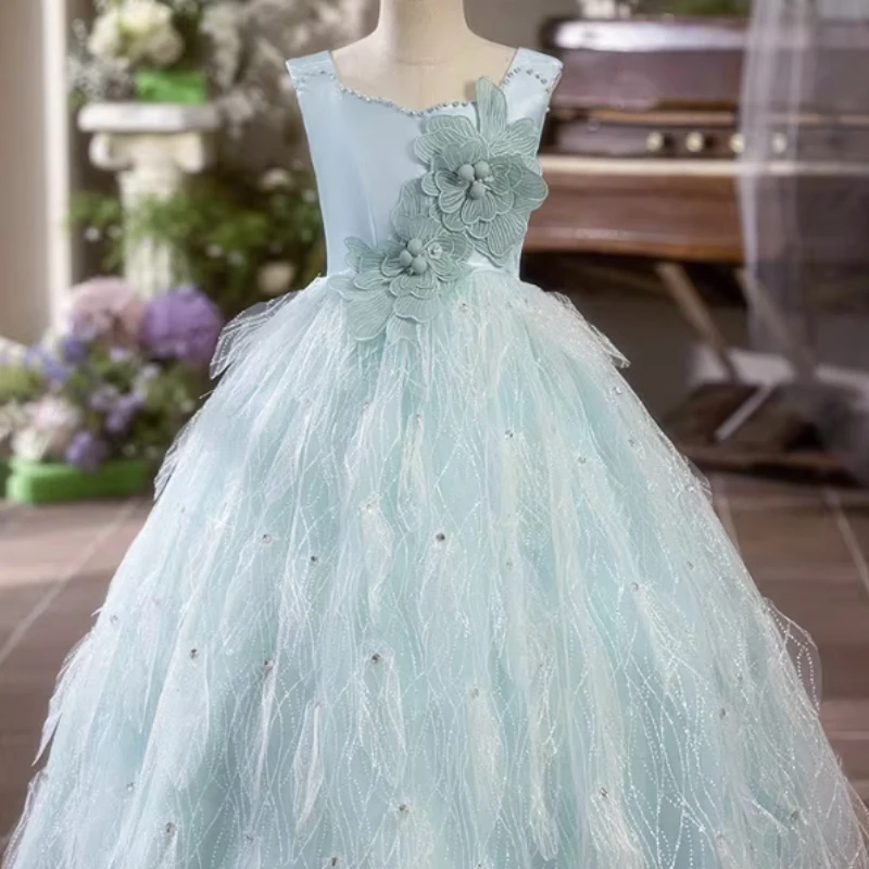 

Синее платье принцессы на день рождения для девочек, пышное тюлевое праздничное платье, детское праздничное платье для выступлений, свадебный торжественный наряд с цветочным узором для девочек