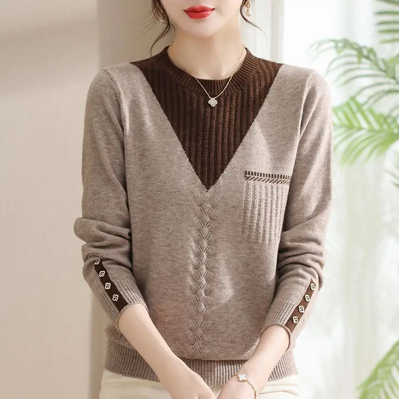 Autumn and Winter Women\'s Patchwork Color Contrast Half High Neck Long Sleeved Fake Two Pieces Knitted Sweaters Jumpers Tops