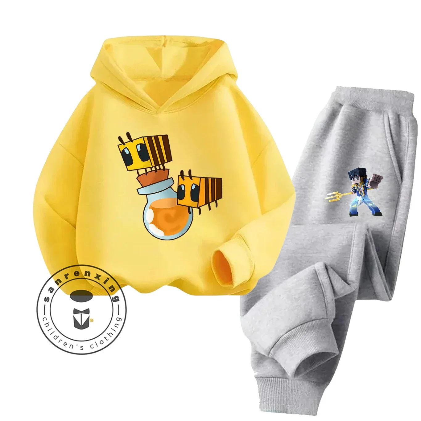 2025 جديد Hot البيع Minecraft 2D الكرتون المطبوعة هوديي مجموعة موضة للأطفال المراهقين بنين بنات عادية الخريف الشتاء