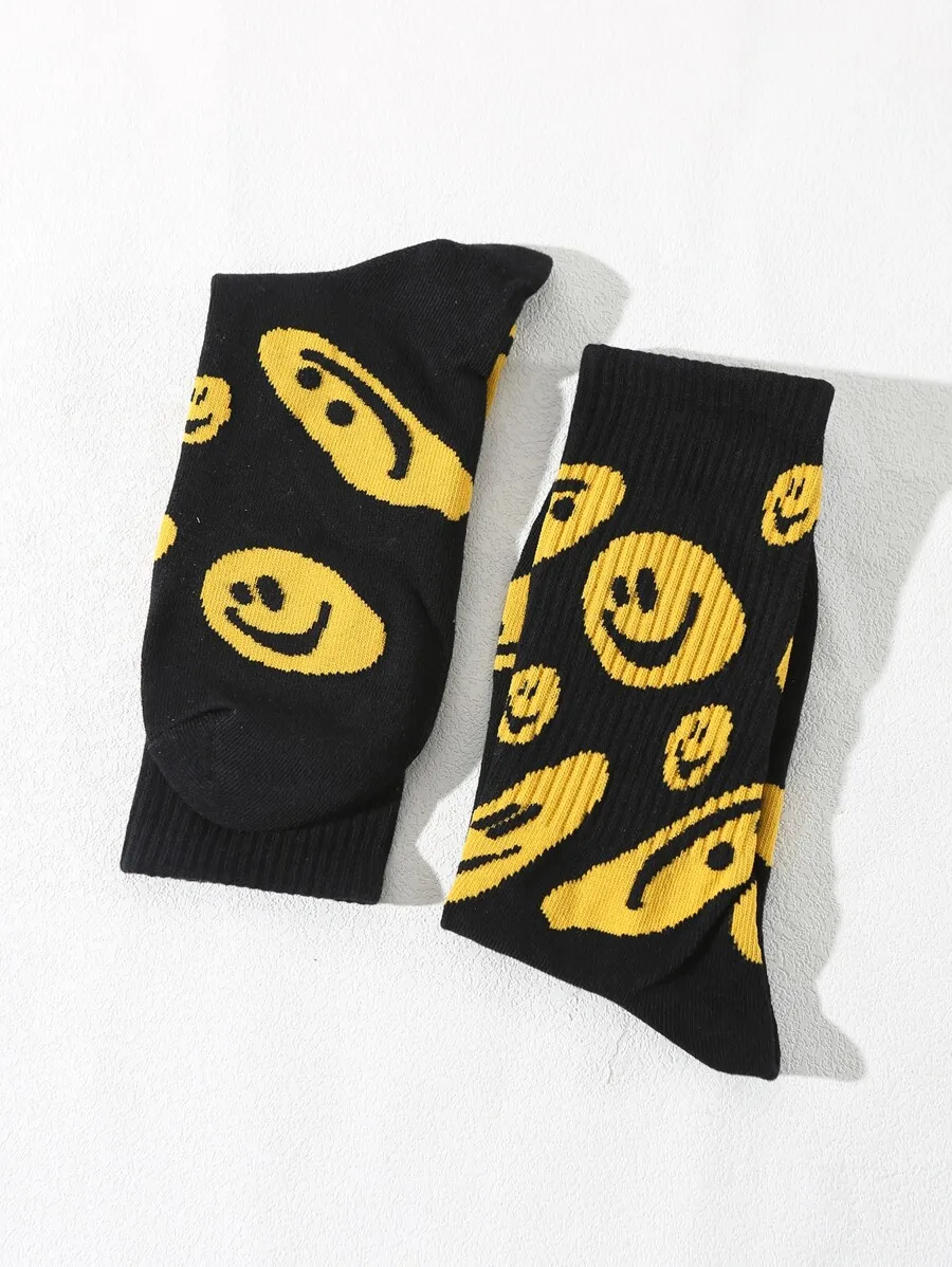 

Men Black Crew Socks With Yellow Smiley Face Pattern Fall Casual Socks