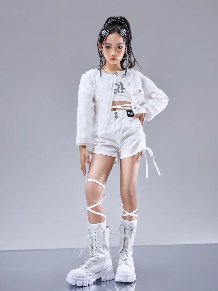 Kid Hip Hop Clothing White Sequined Short Jacket Top Casual Wide Pockets Cargo Pants Shorts for Girl Jazz Dance Costumes Clothes