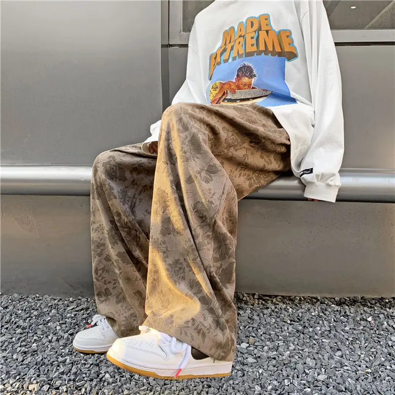 Vintage Floral Corduroy Pants Streetwear Y2k Men Wide leg Oversize Harajuku Casual Straight Long Trousers 2023 Korean Fashion