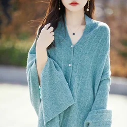 100% Wool Pullovers Women's Sweaters Long Sleeve Tops Multi Functional Shawl Lady's Soft Cashmere 25Colors Cardigans MT01 2024