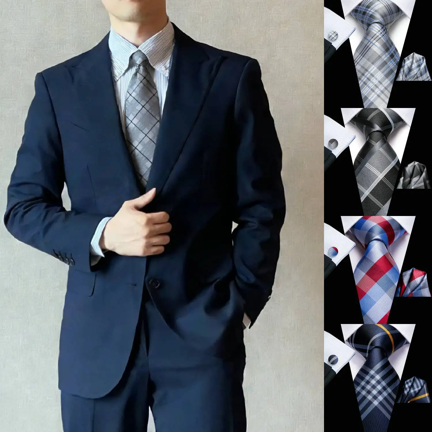 

Профессиональный мужской костюм из трех предметов: галстук, нагрудный платок и запонки, классический дизайн для свадьбы.