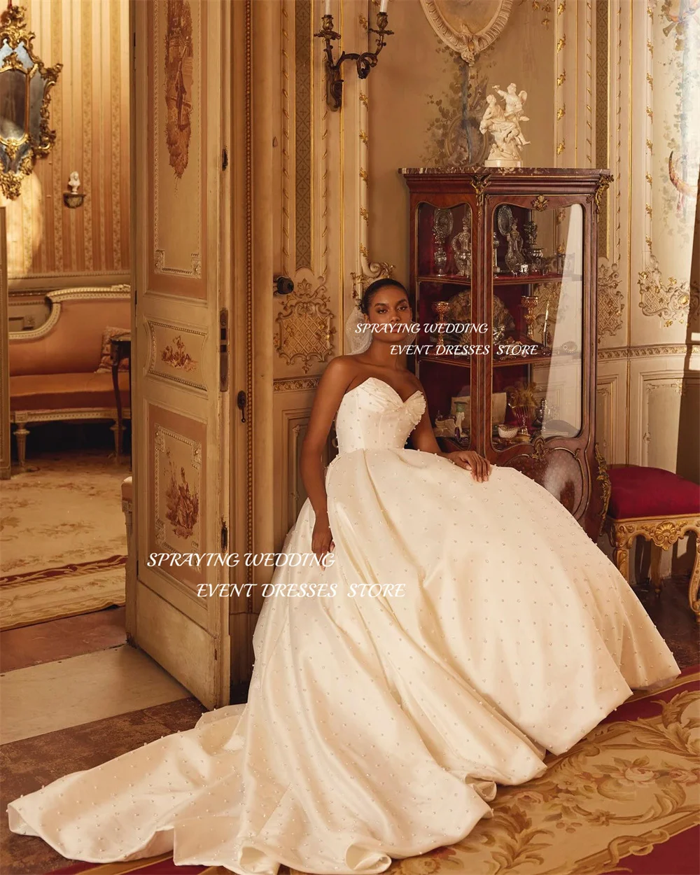 رش فساتين الزفاف الفاخرة اللؤلؤ الحبيب سويب تراين زي العرائس الساتان ألف خط طويل فيستدو دي كاسامنتو. #2