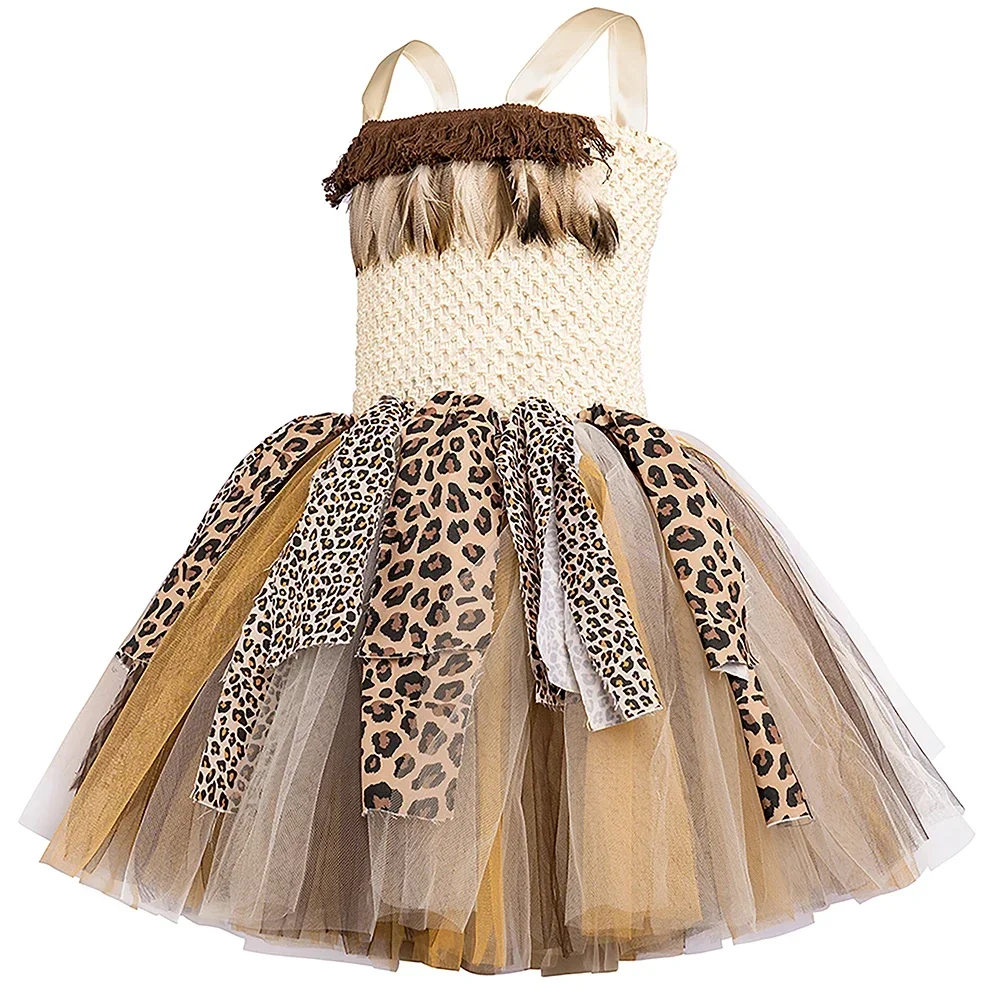 Savage Primitive Caveman Tutu Dress for Girls Leopard Indian Indigenous Cave Girl Costume Kids Halloween Carnival Party Clothes