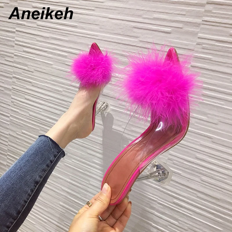 Aneikeh Summer Fashion Feather Peep Toe Mules Sandals Pumps Woman PVC Transparent Perspex Crystal High Heels Lady Slides Shoes