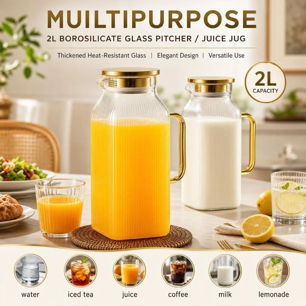 2L Ribbed Glass Water Pitcher with Lid Large Capacity Glass Teapot Jug Heat Resistant High Borosilicate Cold Water Glass Kettle