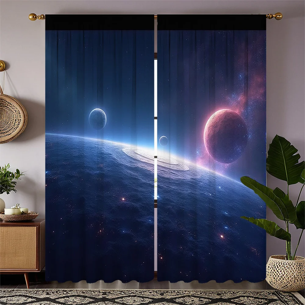 2pcs HD Digital Curtain Print - Cosmic Starry Sky Series Featuring Earth and Three Planets, Festive Atmosphere Home Decor for Li