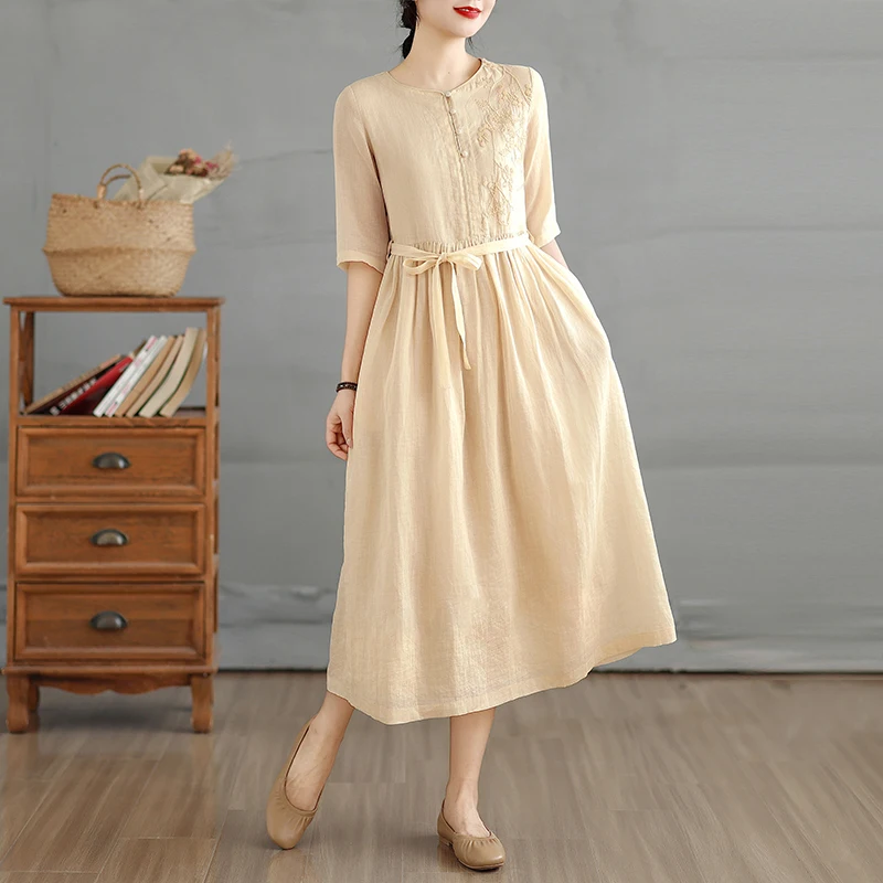 Elegante Vestido de Algodón Bordado con Cinturón, Estilo Casual de Viaje, Falda Midi de Fibra de Bambú con Corte en A y Gran Vuelo