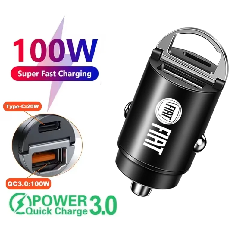 Mini 100W PD QC Pull Ring Fast Charging Car Phone Charger USB C Adapter Car Fiat Emblem Logo For iPhone Xiaomi Samsung Huawei
