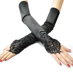 43cm Long Satin Sexy Lace Embroidery Hook Finger Gloves Retro Party Women Etiquette Drive Cosplay Dinner Dance Mittens