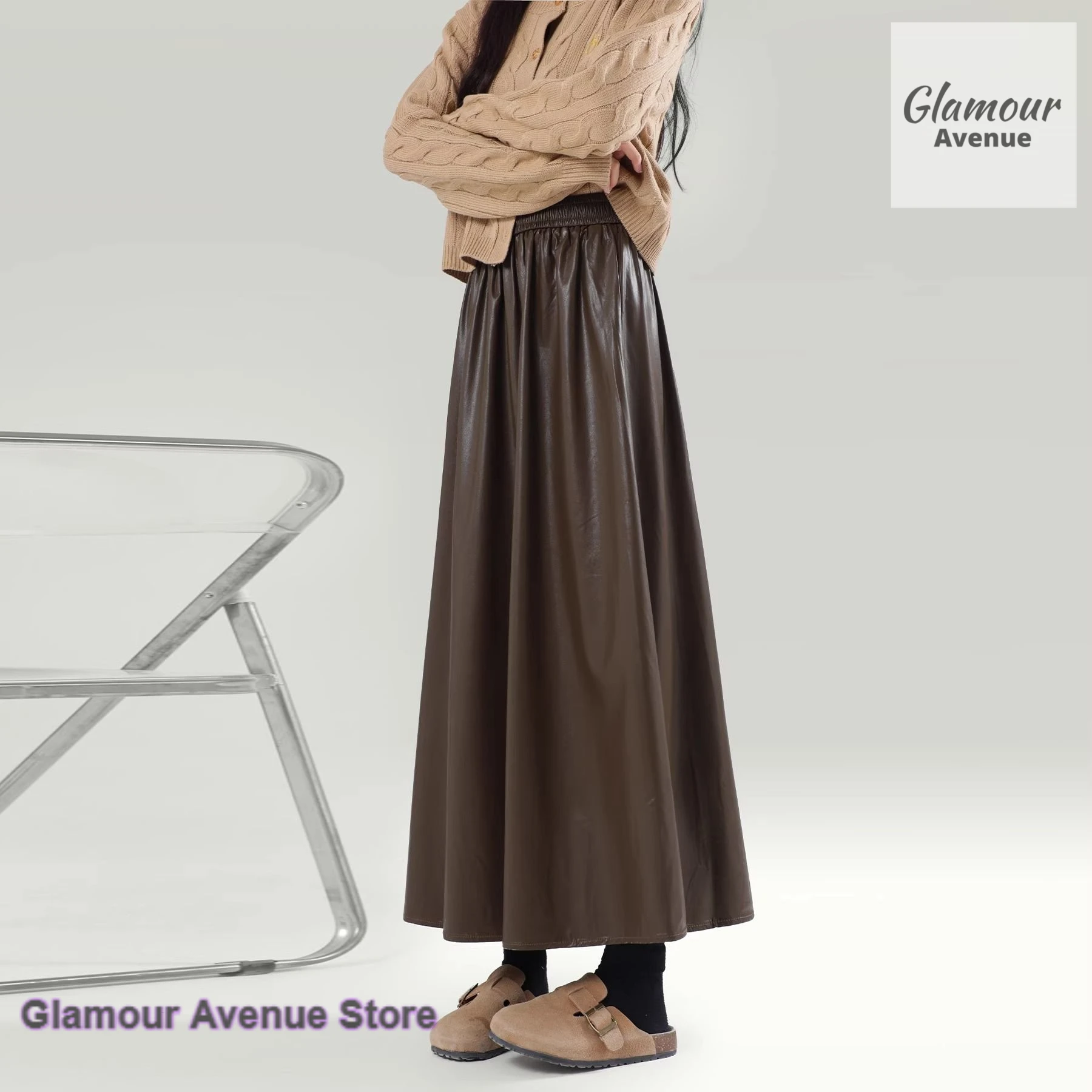 

American-style high-grade sense of wearing a skirt women's autumn and winter new fashion retro high-waisted leather skirt