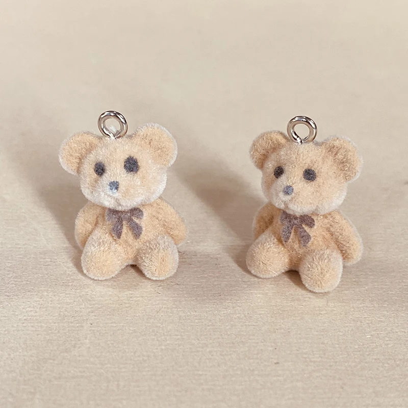 6pcs Cute Flocked Bear Resin Charms Lots Miniature Animal Pendants For Earring Necklace Keychians Diy Jewelry Making