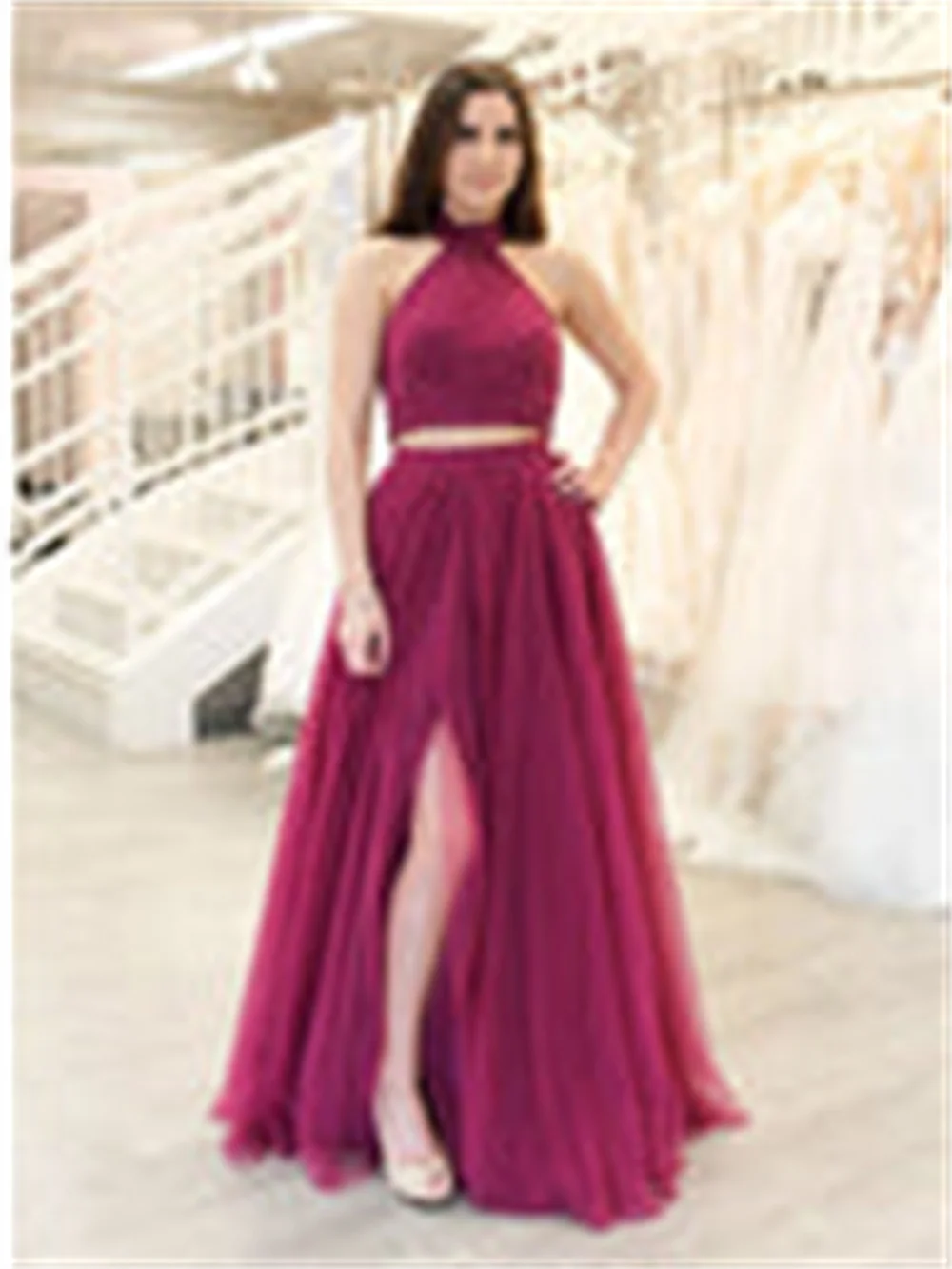 Bella Customized Fuchsia Halter robes de soirée A-Line Floor-Length Evening Dresses Side High Split Formal Evening Wedding Dress