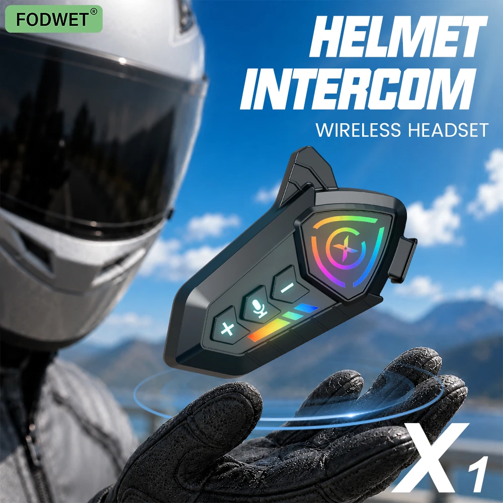 FODWET X1 Motorbike Helmet Bluetooth Intercom, RGB Color Light Wireless Helmet Headset for Hands‑Free Call & Music Play