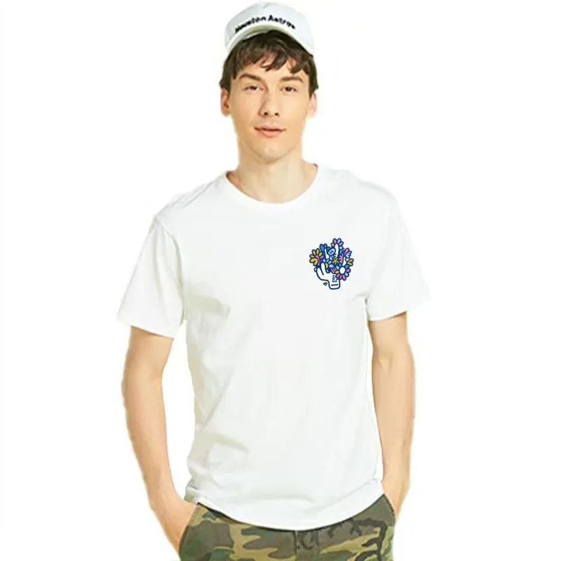 Men's summer short-sleeved T-shirt, 220g, pure cotton, 100% cotton, loose and casual, with a flower basket pattern.
