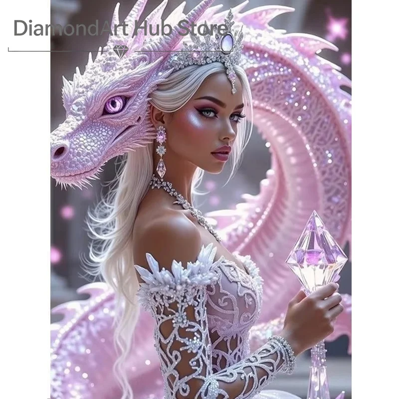 Stunning Fantasy Queen Crystal Scepter Sparkly Pink Dragon Pattern Diy Diamond Painting Handmade Wall Decor