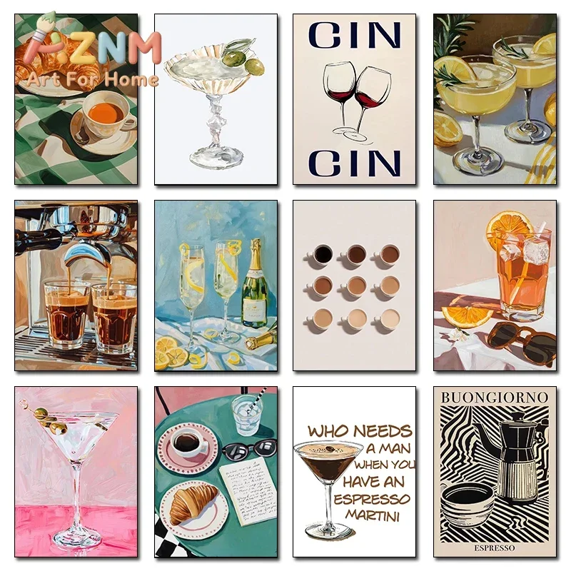 1pc frameless Cocktail Coffee and Croissant Espresso Cin Cin Wine Canvas Print Kitchen Wall Art for Living Room Home Bar Decor M