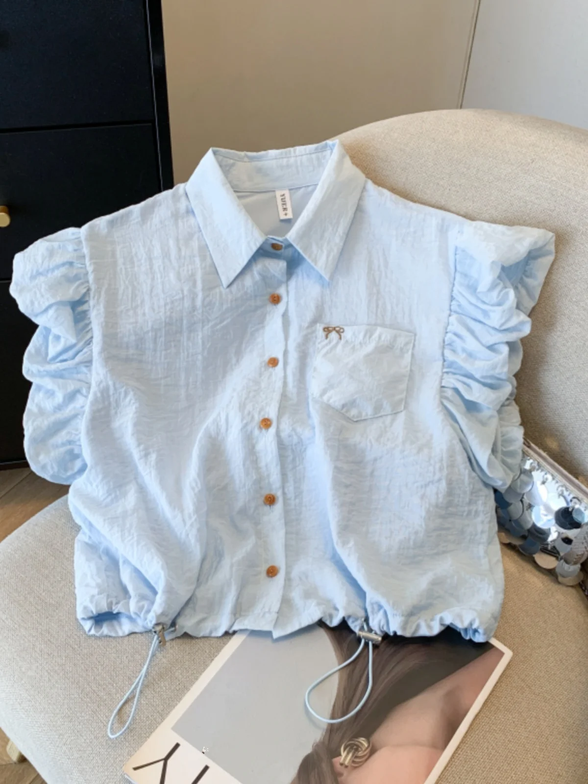 

Корейская женская летняя рубашка с вышивкой, воротником и завязками, свободного кроя, однотонная, из чистого хлопка