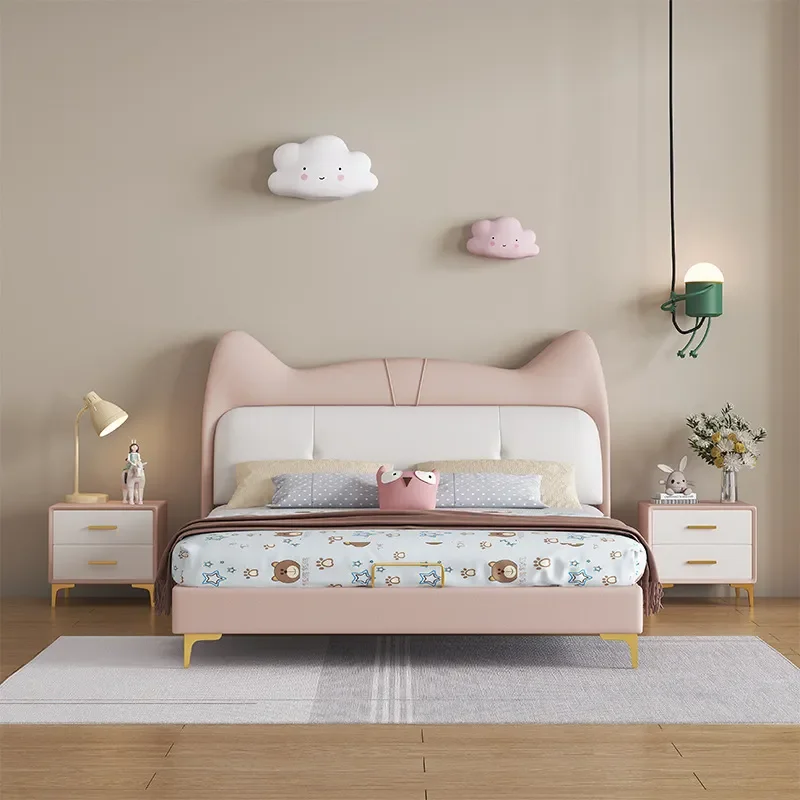 for Children Bed Girl Princess Solid Wood Boy Bedroom Modern Minimalist Nappa Leather Sheets Man Internet Celebrity Bed