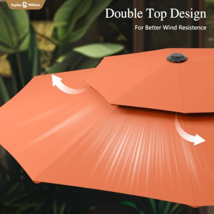 13Feet 2-Tier Large Patio Umbrella with Base for outdoor use, polyester fabric, beige, tilt and crank mechanism