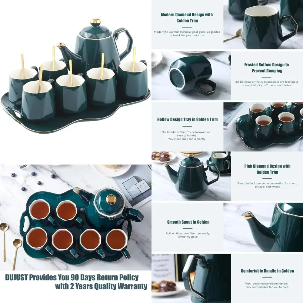 

Modern Chic Porcelain Tea Set for 6 with Tray, Golden Trimmed Coffee Cups, Diamond Design Living Room Decor