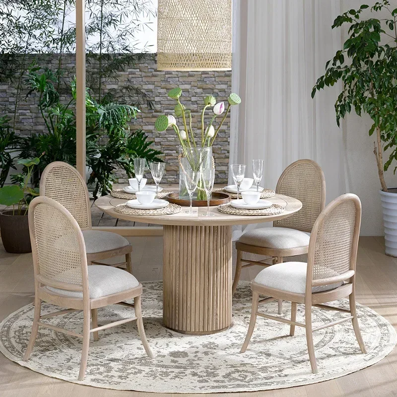 كرسي طعام الروطان مع مسند ظهر عتيق من الخشب الصلب طاولات وكراسي طعام مجموعة غرفة الطعام حقيبة ناعمة كرسي الترفيه #4