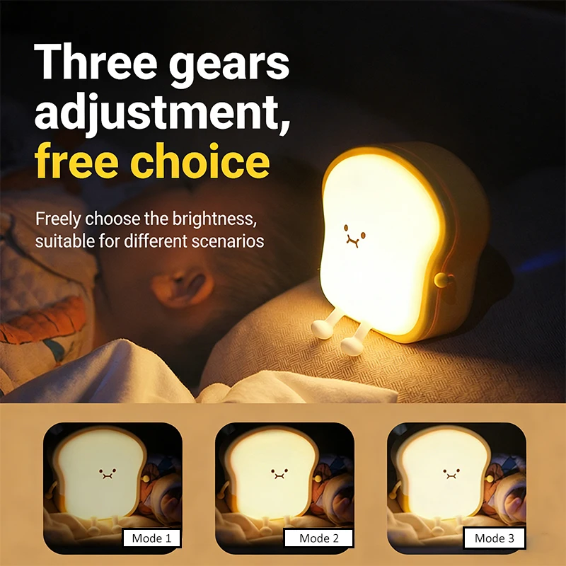 Cute Toast Bread Shaped LED Night Light Silicone Desk Lamp with Dimmable LED Rechargeable Portable Bedside Light for Bedroom