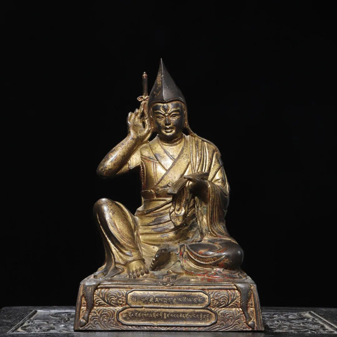 

11"Temple Collection Old Bronze Gilded Cinnabar Tsongkhapa Lotus Buddha Tibetan Buddha Worship Hall Town house Exorcism