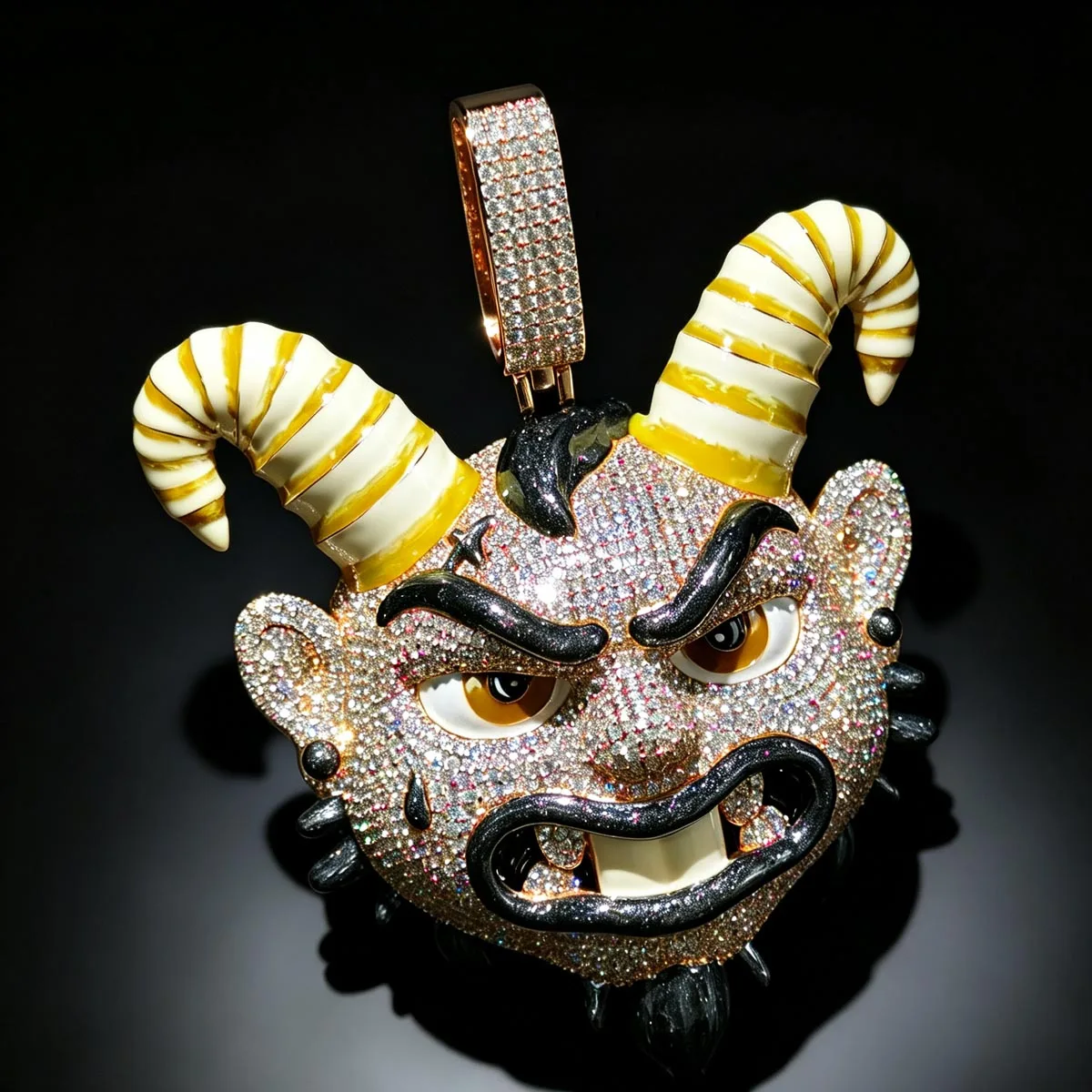 Hip Hop Enamel Horn Monster Face Charm Necklace Fine Jewelry For Men Rapper Iced Out 3D Cartoon Demon Goat Head Pendant Full Bling Sparkling CZ 18K Gold Plated Street Party Club Daily Wear Statement Cuban Chian Accessory Bold Edgy Hipster Ornament Gift
