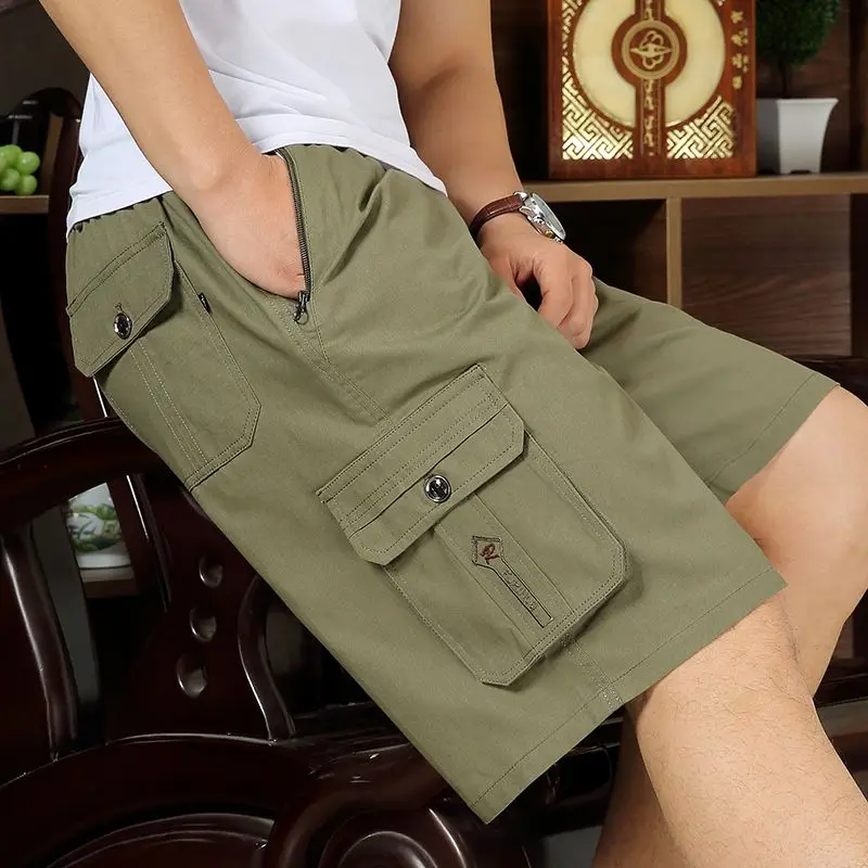 Men's Summer Thin Casual Solid Pockets Patchwork Zipper Shorts Elastic Waist Loose Five Point Pants Fashion Vintage Men Clothing