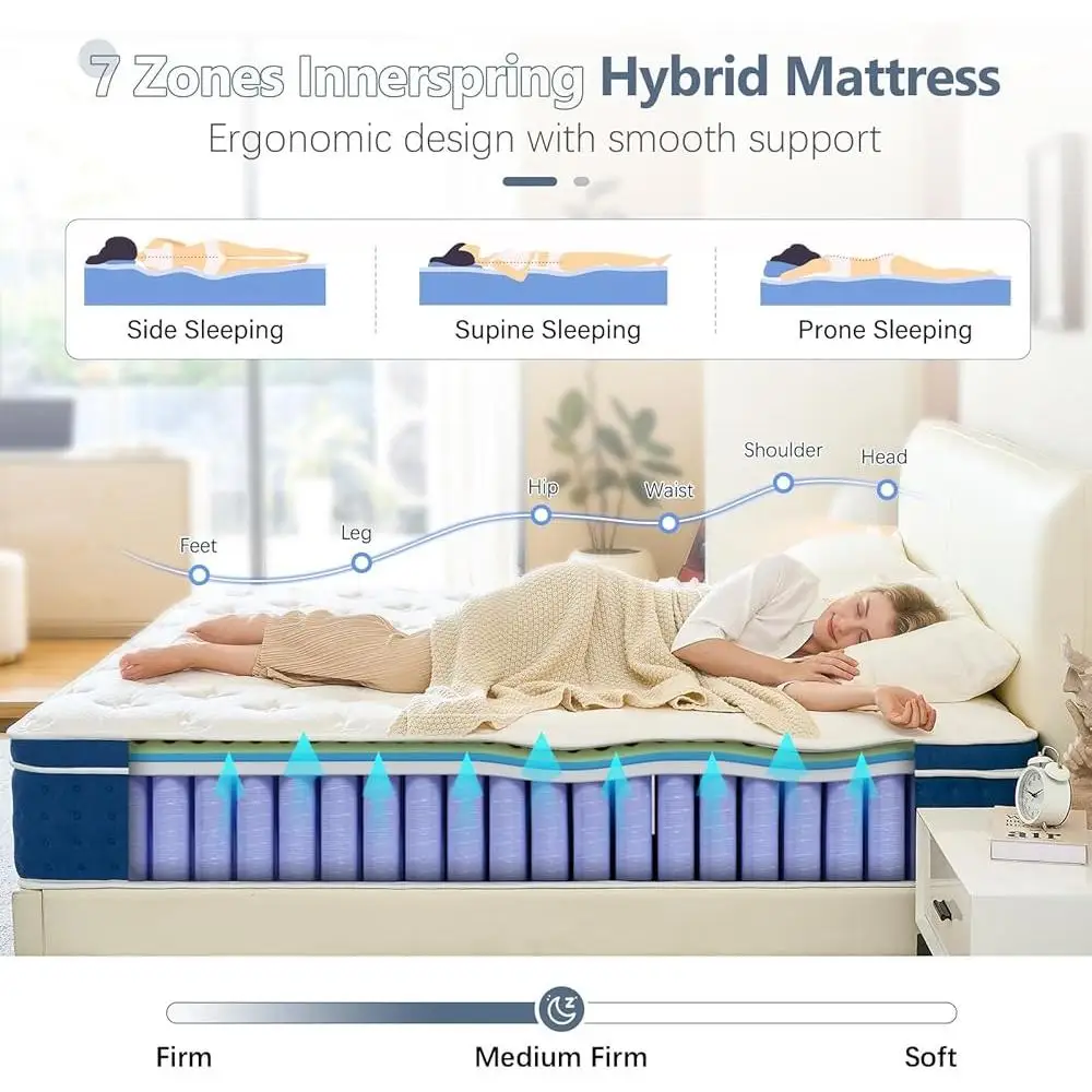 12 Inch Hybrid Queen Mattress Gel Memory Foam Medium Firm Pressure Relief Pocketed Coil Motion Isolation Comfort Bed in a Box