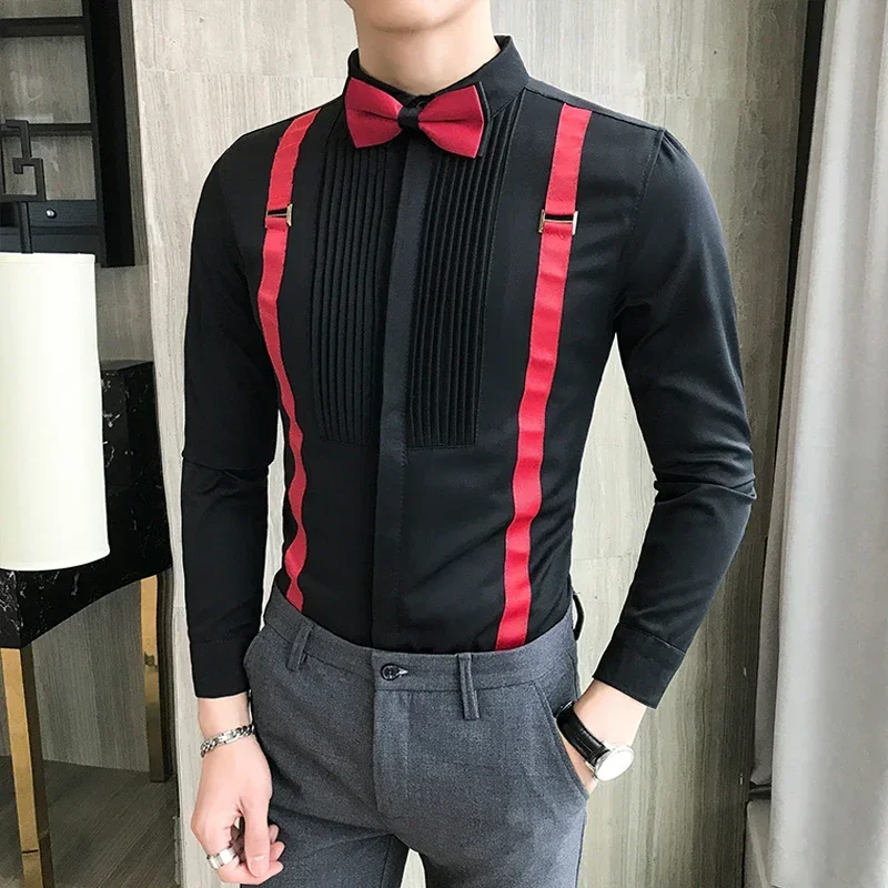 Fashion Bow Tie Fold Men's Dress Shirts Long Sleeve Button Down Slim Male Leisure Blouse Hotel Club Prom Chemise Homme Plus Size