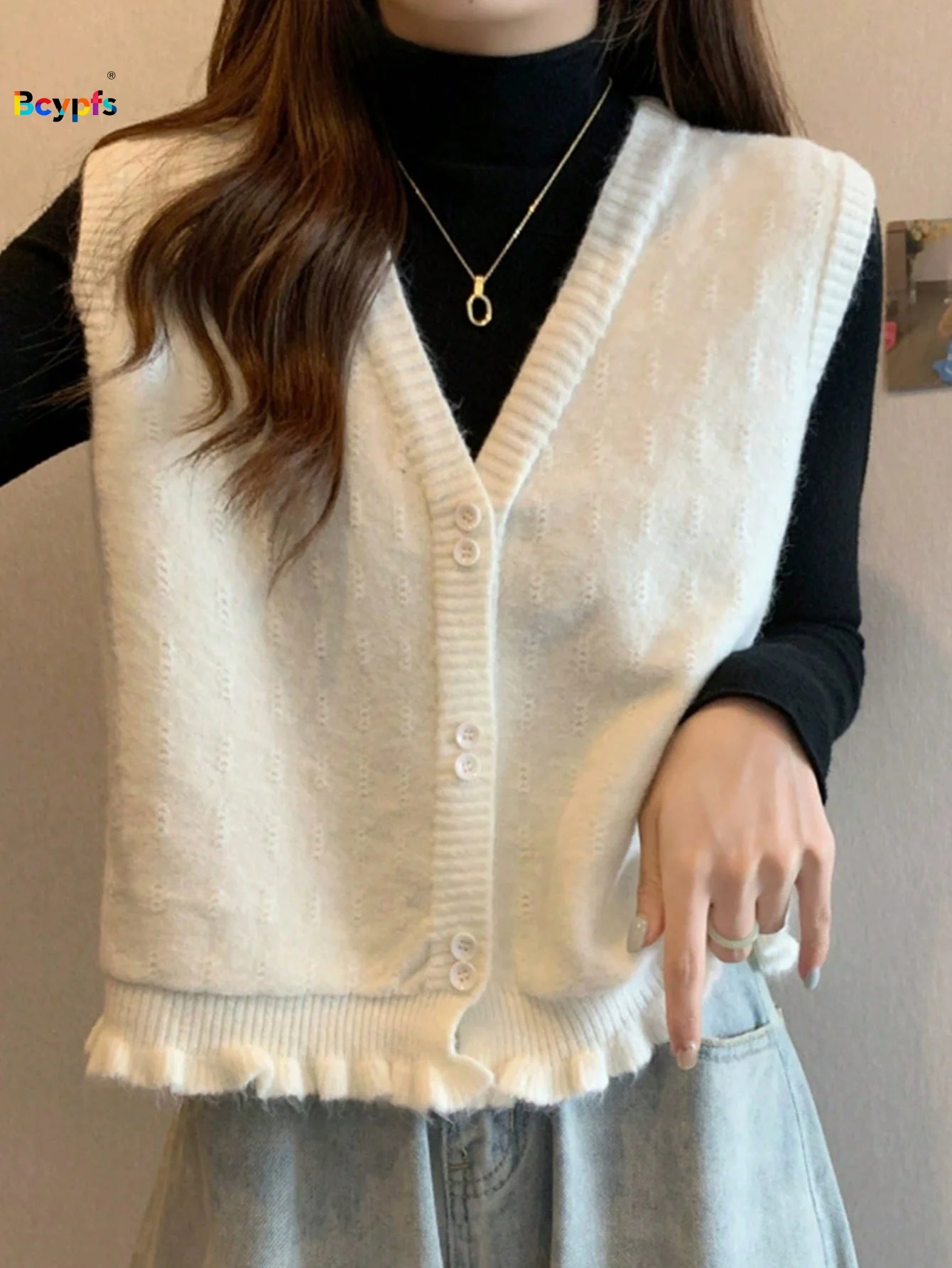 Süße Strickweste mit Rüschensaum und Knopfleiste und V-Ausschnitt |   Lässiger Ärmelloser Crop-Pullover für Damen