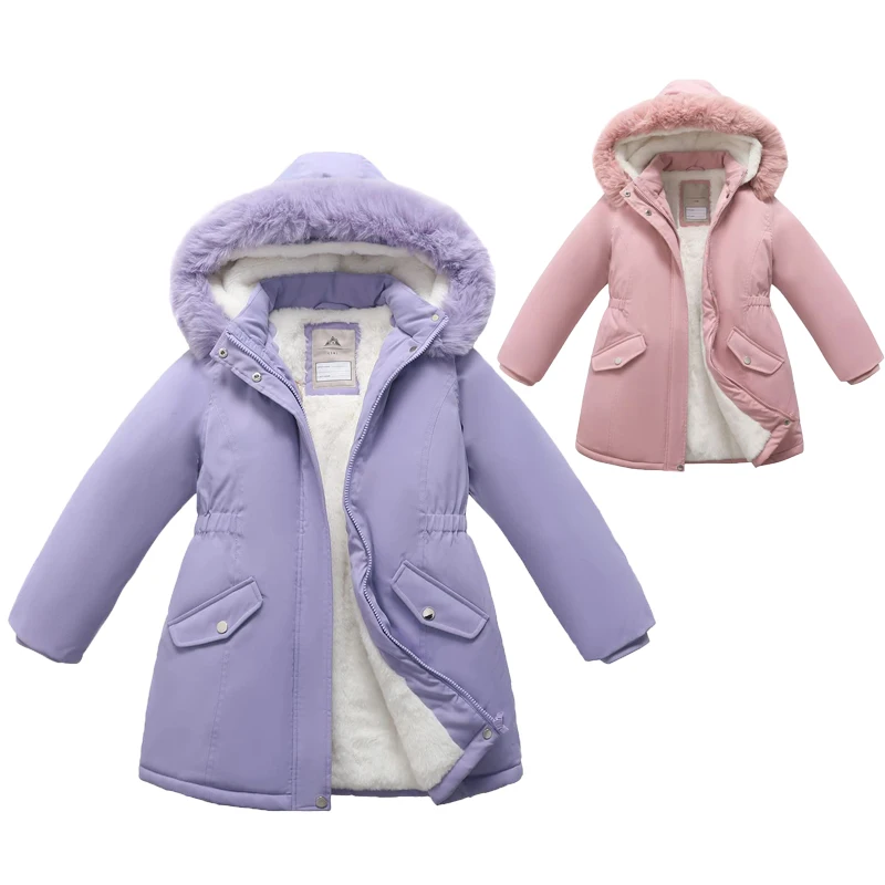 -30℃ Winter Long Girls Jacket Solid Color Lining Plush Thick Warm Windbreaker Coat For 4-12Y Teen Kids Cotton Fashion Snowsuit