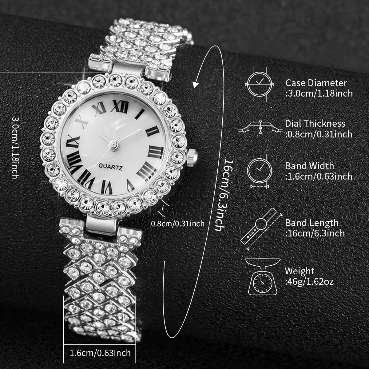 6PCS/Set Fashion Roma Dial Women\'s Watch Full Diamond Steel Band Quartz Watches Rhinestone Heart Jewelry(Without Box)