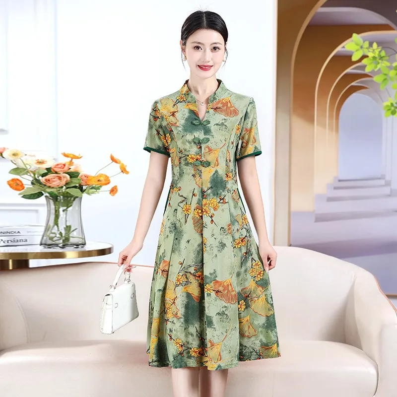 Women's Clothing Stylish Broken Flowers Midi Dress V-Neck Spliced Casual Vintage Button Summer Short Sleeve A-Line Waist Dresses