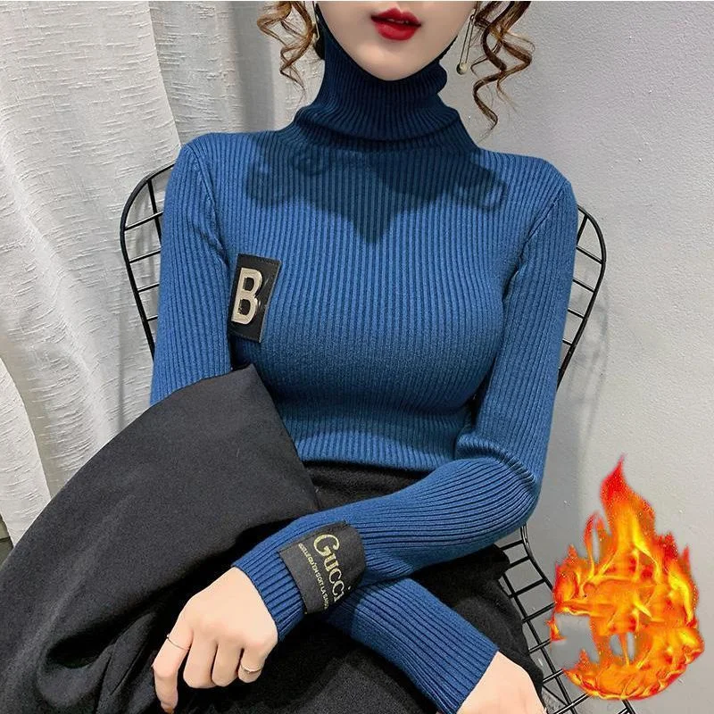 Autumn Winter New Women\'s Pullovers Solid Color Turtleneck Letter Casual Versatile Fashion Slim Sweaters Long Sleeve Tops