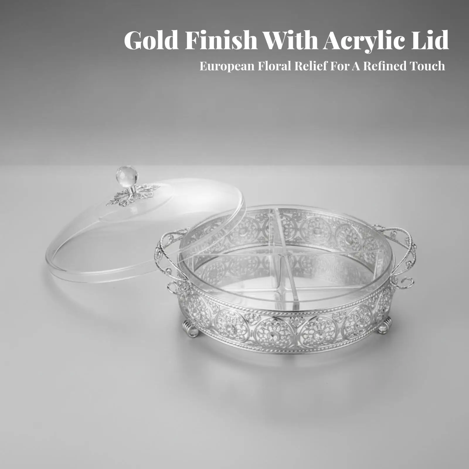 Elegant Tabletop Candy Box with Zinc Alloy Decorative Frame and Acrylic Insert for Party Snack Display