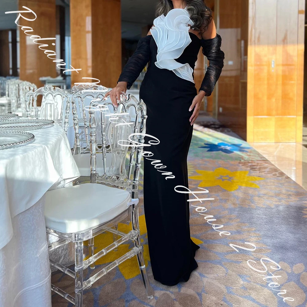 Customized Jersey Straight Off the Shoulder Ruffles Evening Dress Halter Long Sleeves Floor Length Sweep Train Photo Color